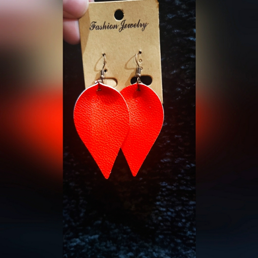 Red Faux Leather Leaf Earrings